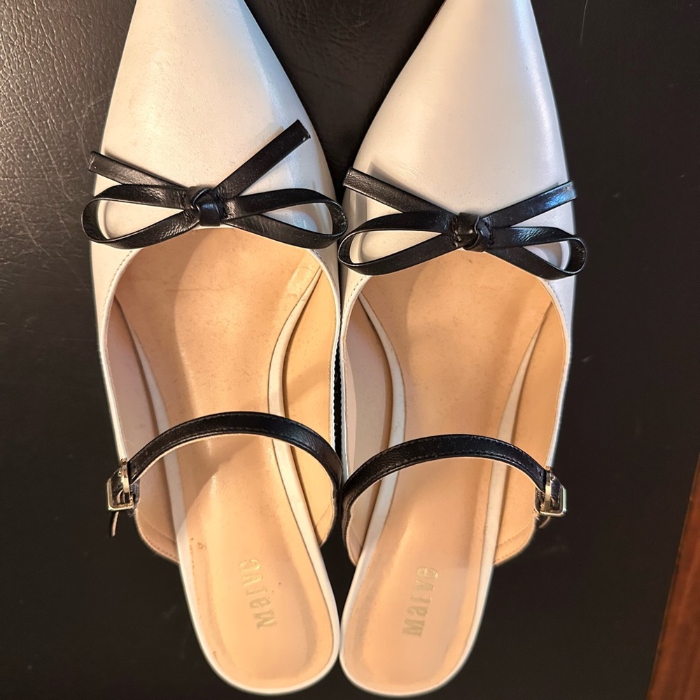 Maeve Black and White Kitten-Herl Mules with Bow Detail